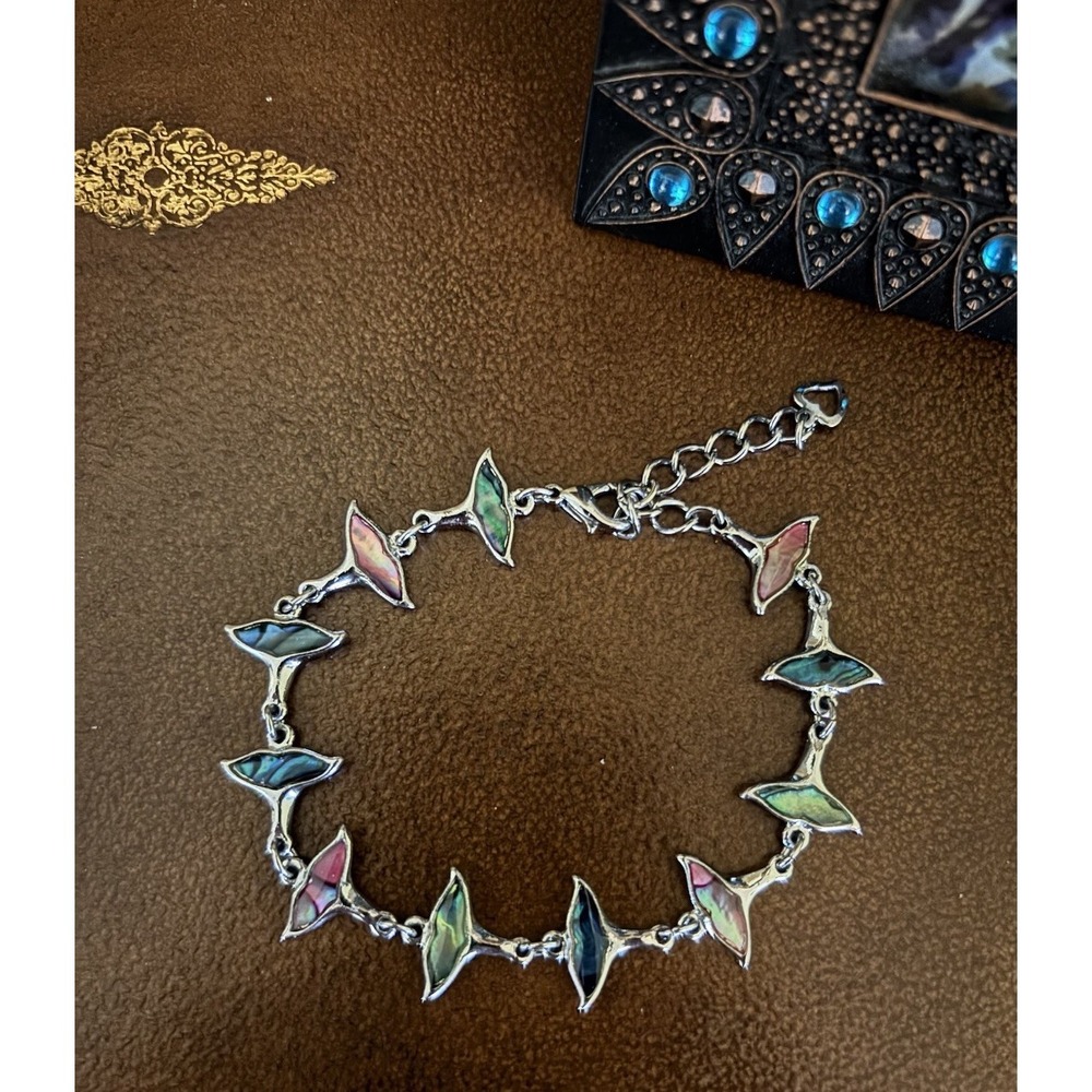 Vintage Abalone‎ Whale Tail Multicolor Silver Tone Tennis Bracelet Adjustable